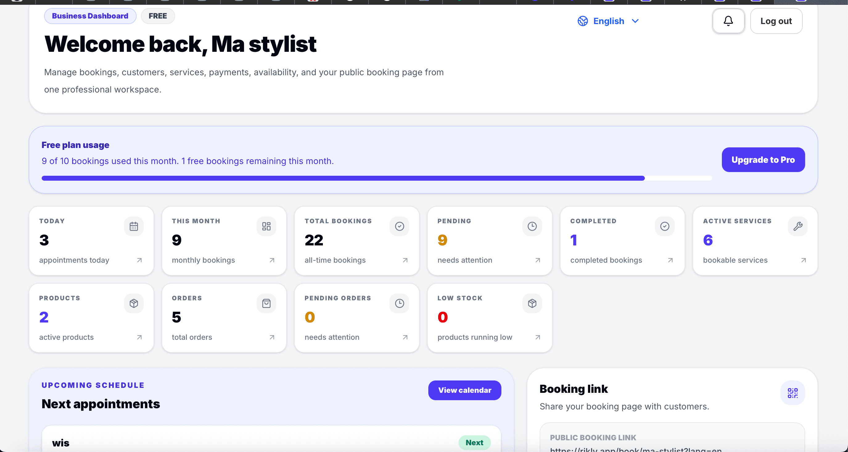 Rikly dashboard screenshot